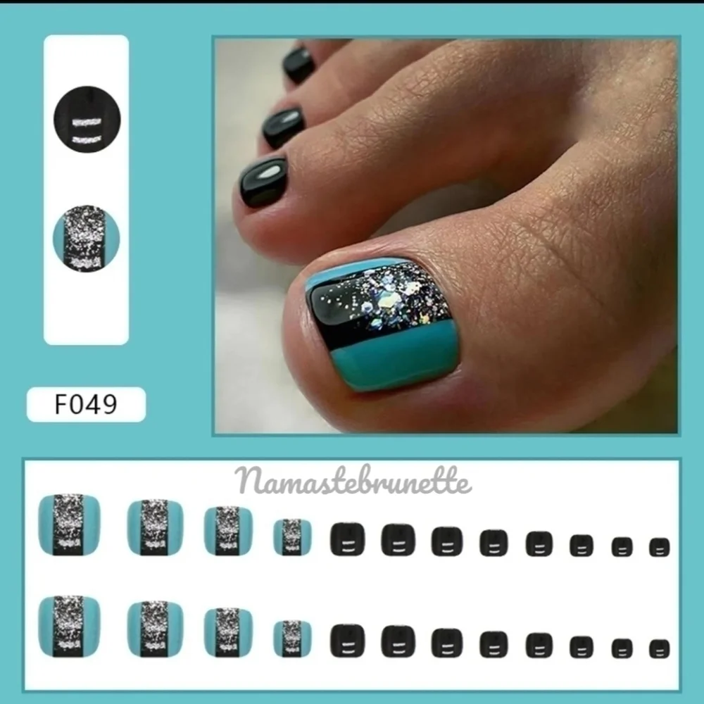 2/$16 Blue Black Glitter Press On Toenails